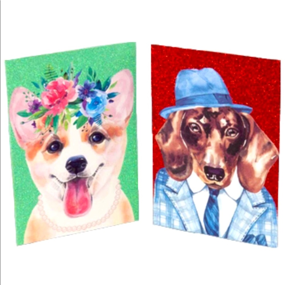 Stylish Doggies Glitter Embellished 16 Note Cards - Corgi & Dachshund